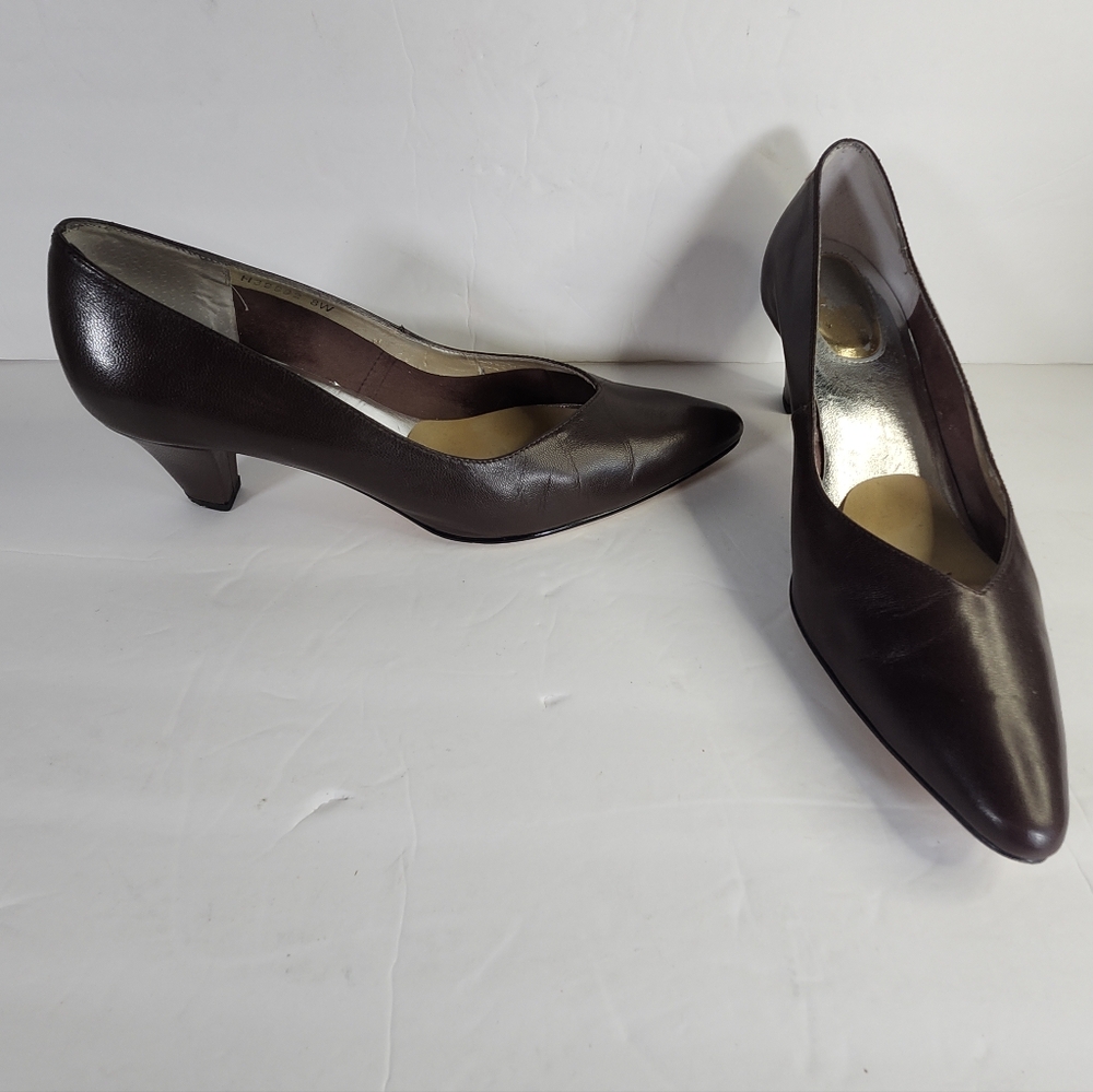 Ross Hommerson Classic Brown Leather Almond Toe 2.5" Cone Heels Pumps Shoes S 8W